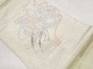 銀駒刺繍御所車に椿・楓・組紐模様名古屋帯